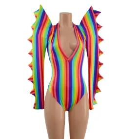 The Triple Threat Romper in Rainbow Stripe with Brazilian Cut Leg