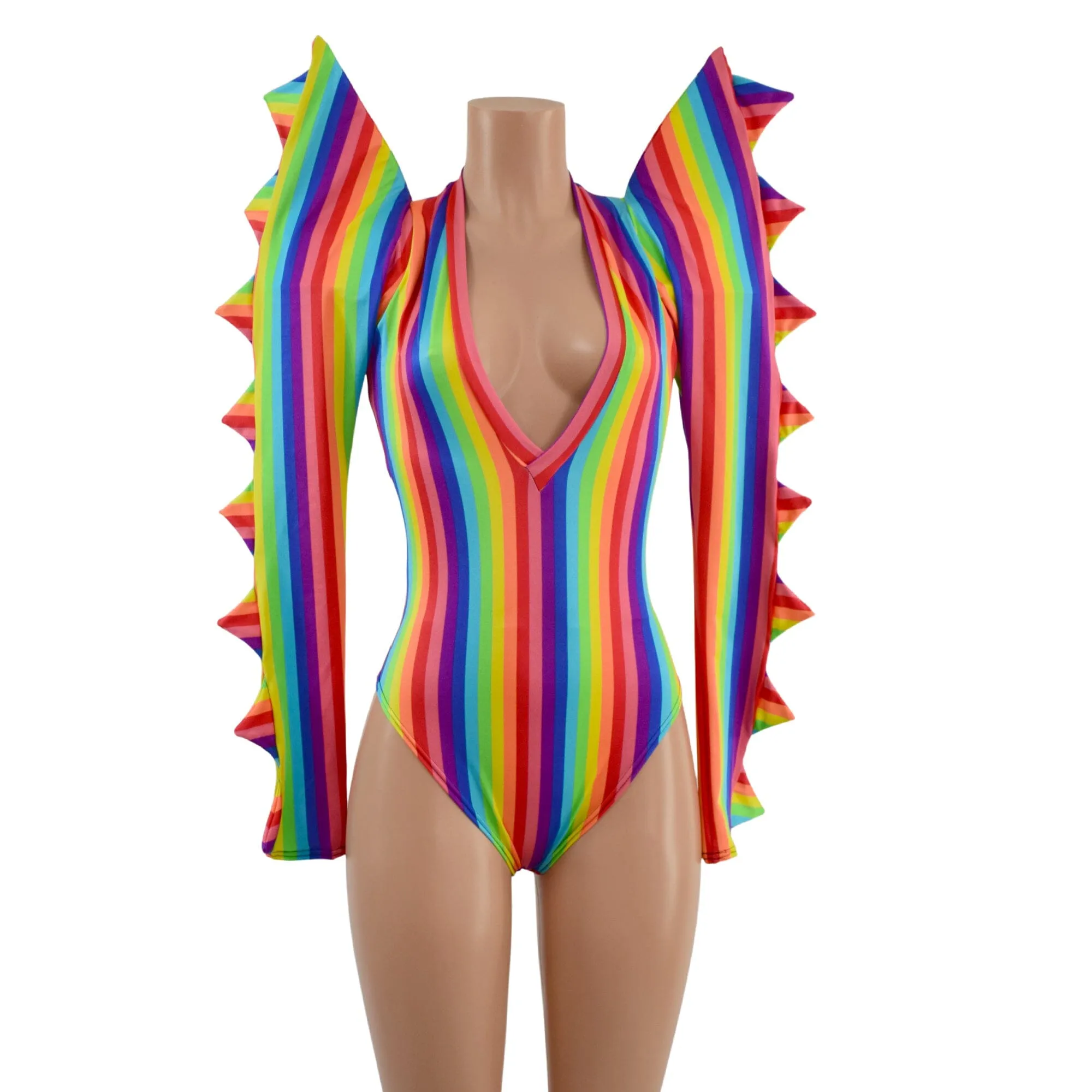 The Triple Threat Romper in Rainbow Stripe with Brazilian Cut Leg