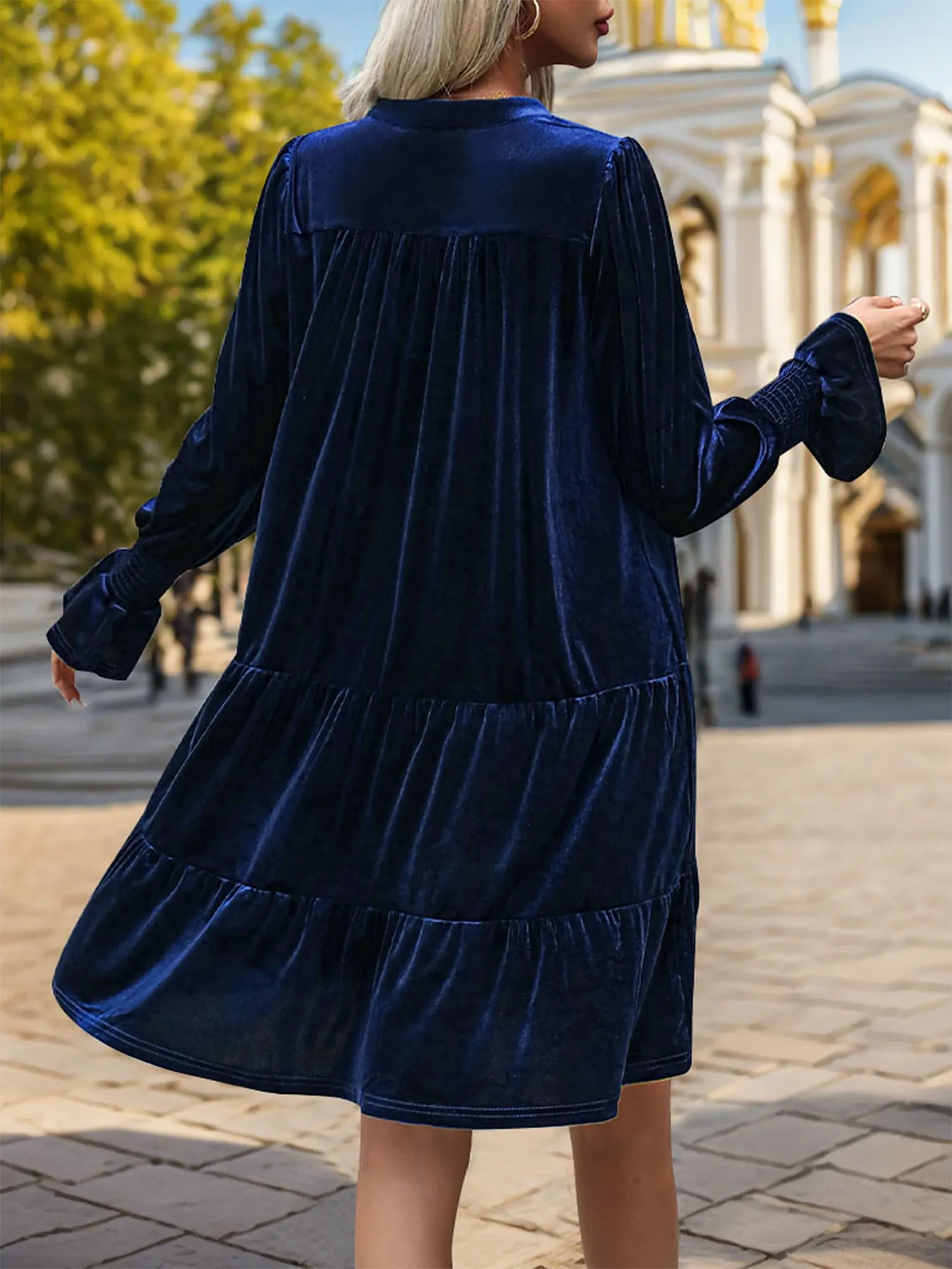 Velvet Notch Neck Long Sleeves Tiered Babydoll Dress
