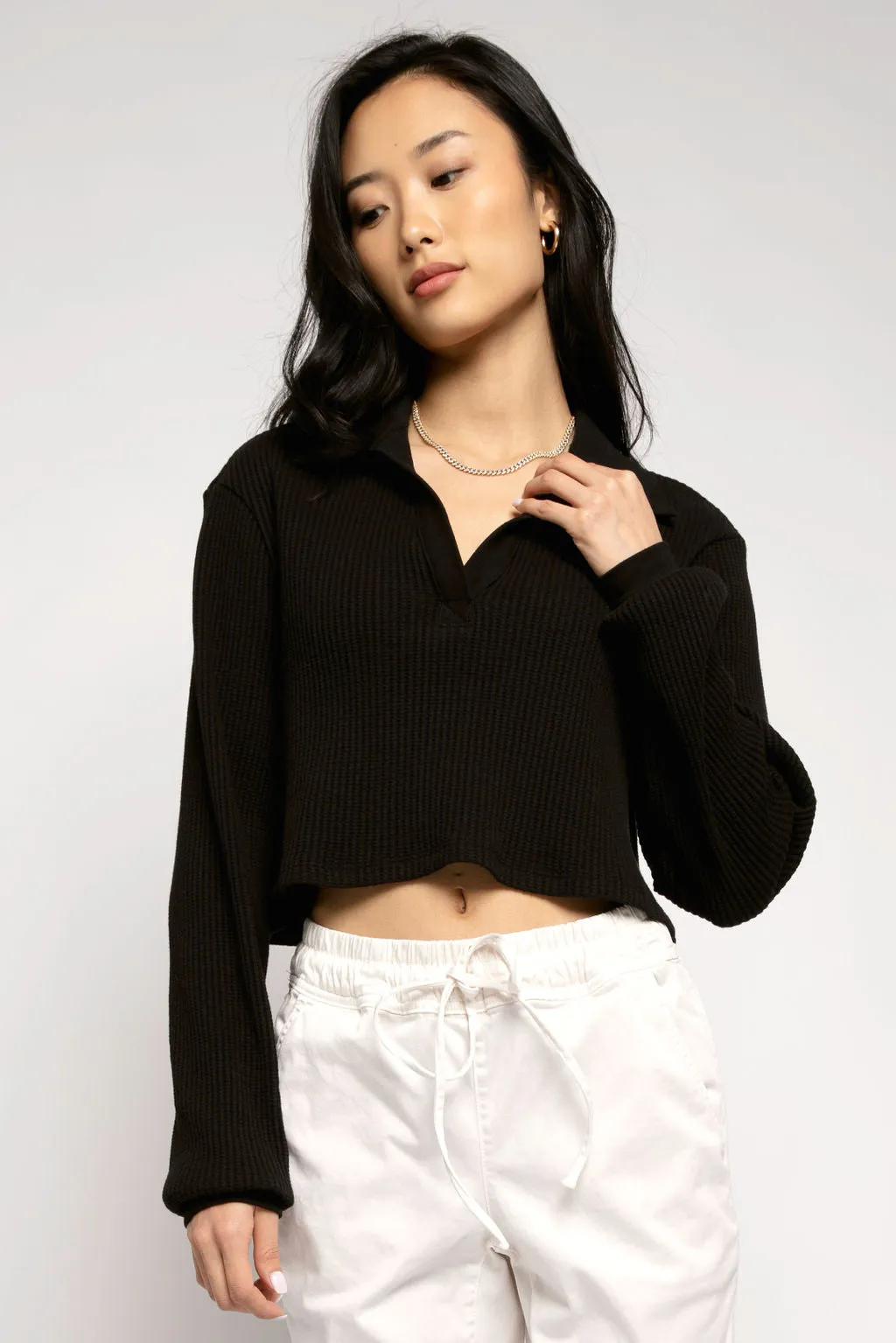 Waffle Polo Shirt in Jet Black