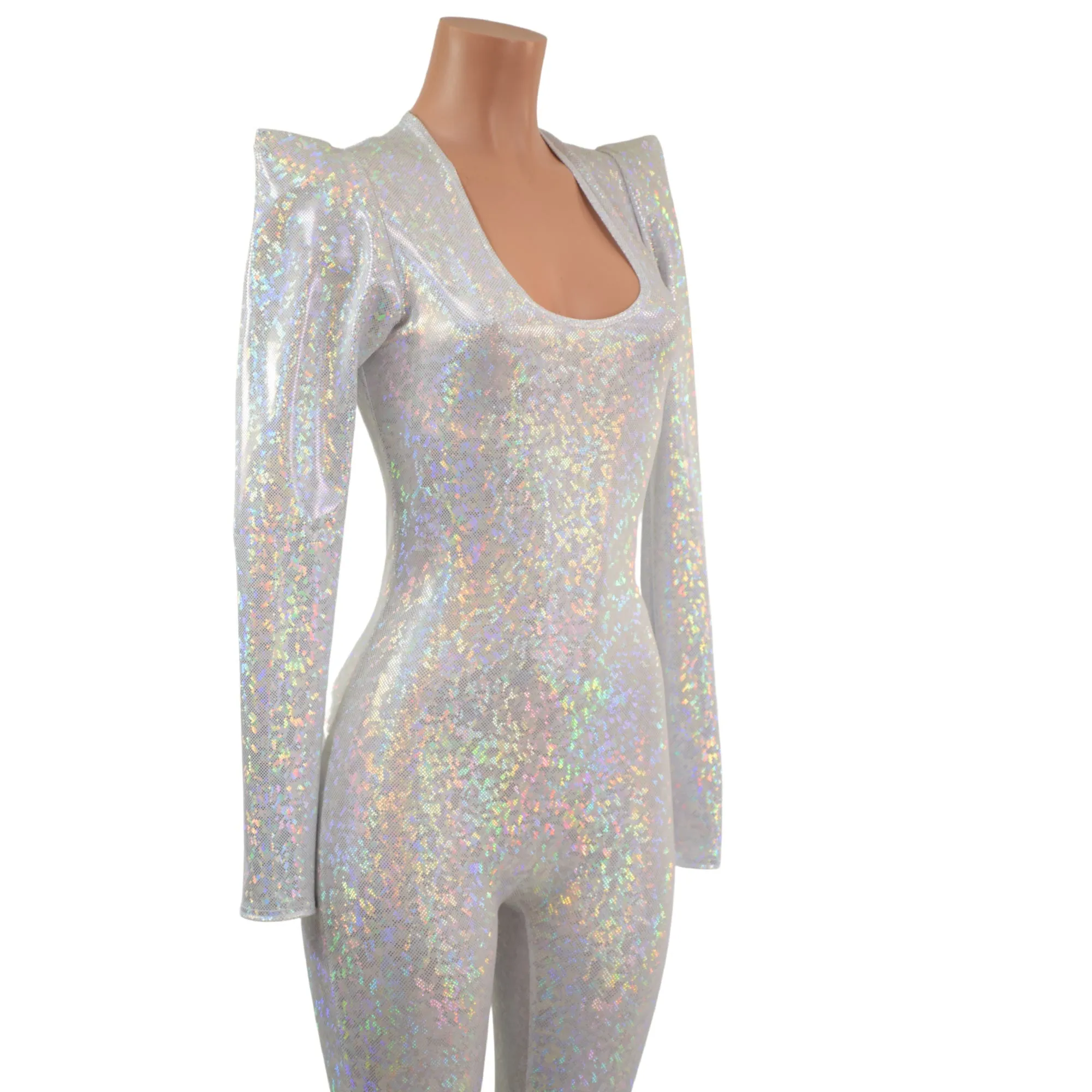 White Kaleidoscope Holographic Sharp Shoulder Catsuit